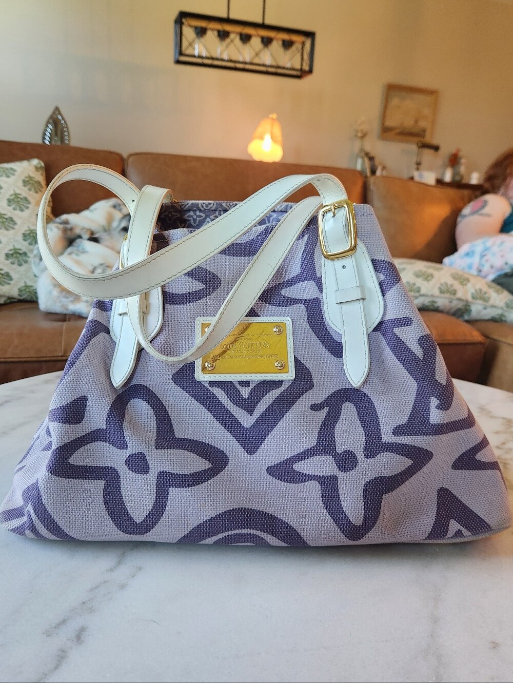 Authentic Louis Vuitton Cruise Line Purple Tahitienne PM Canvas Tote Bag